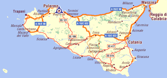 Carte routière de la Sicile